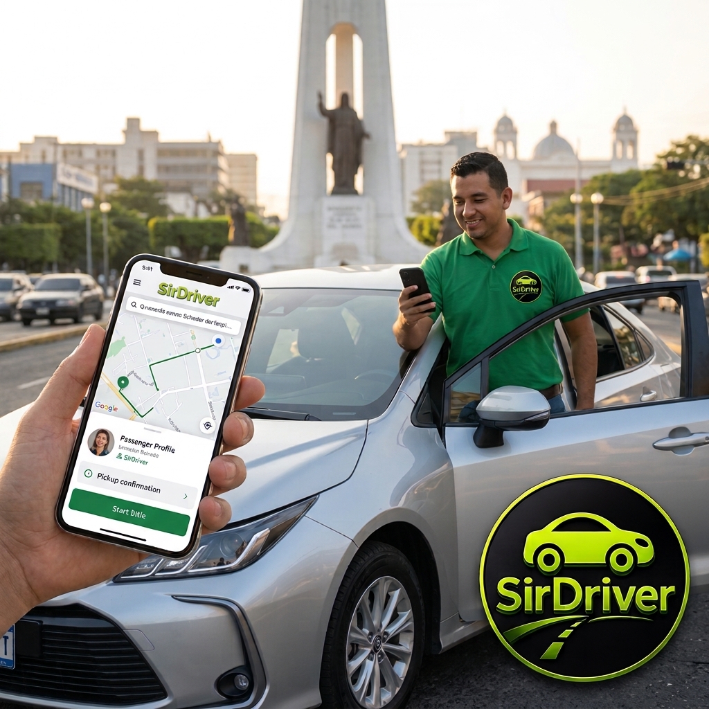 Conductor junto a su vehículo utilizando una aplicación móvil